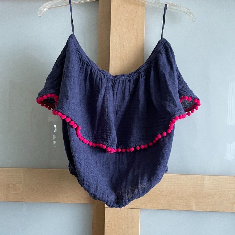 Michael Stars Pom Pom Trim Navy Blue Strapless Blouse
